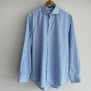 Suitsupply Dress Shirt 44 17.5 Blue Striped Traveler Extra Slim Fit Long Sleeve